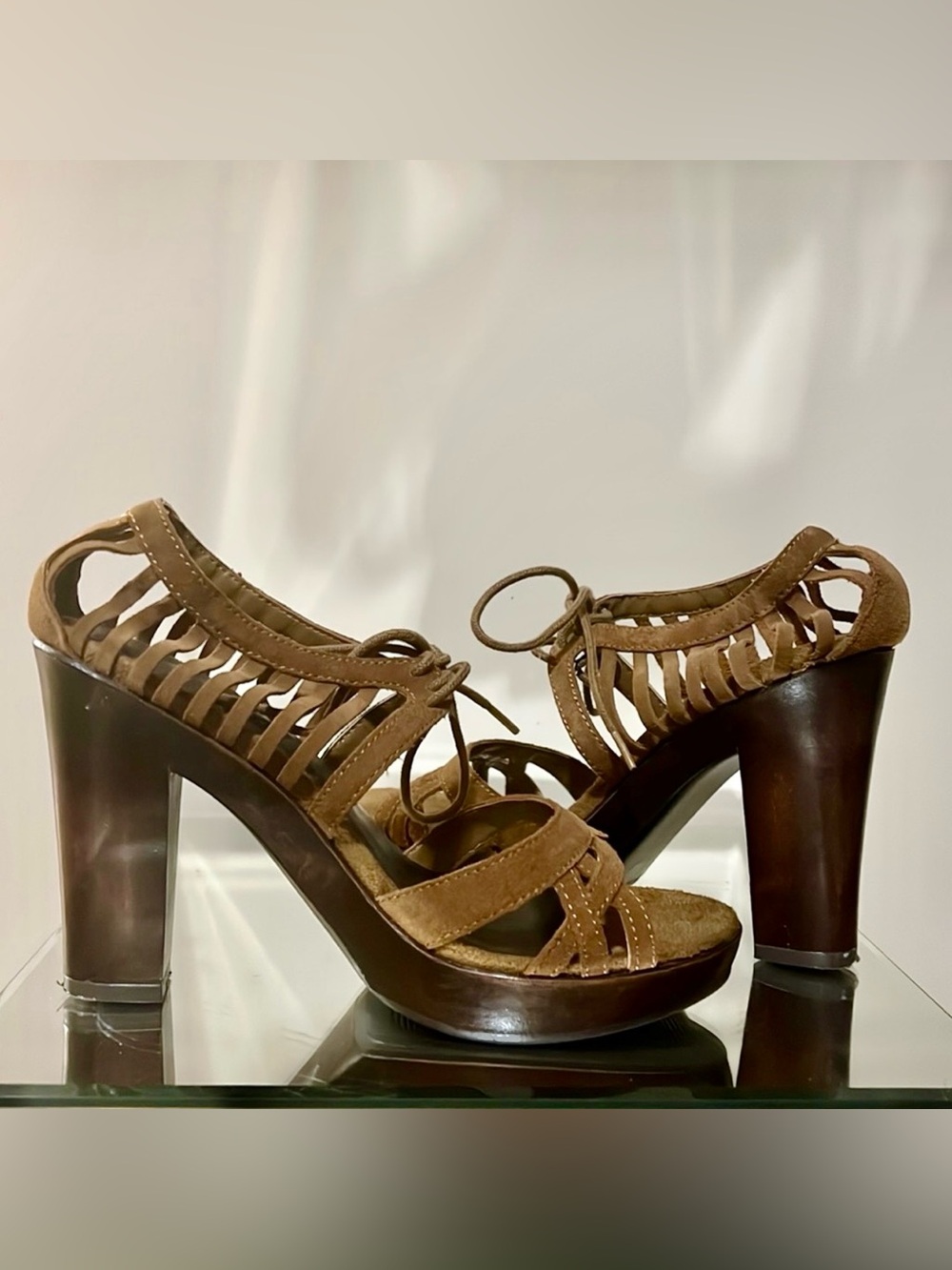 Women’s Tan Suede Strappy Platform Heels